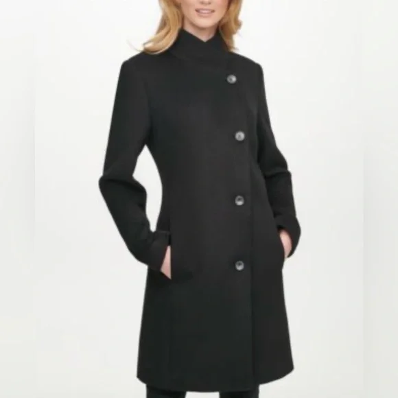 DKNY Asymmetrical Wool Walker Coat Black S - Picture 2 of 16